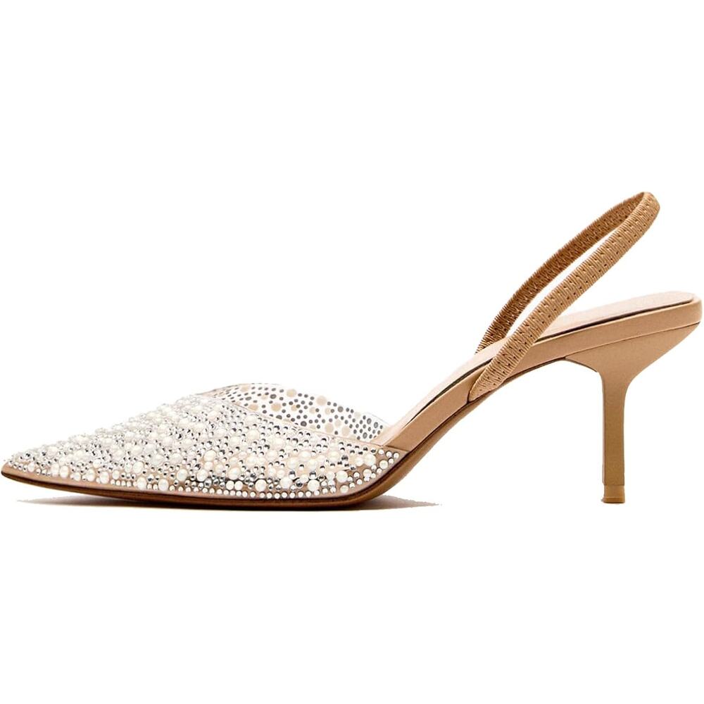 Yiya Womens 7.5 Clear Silver White Studded Pointed Toe Slingback 3" Heels Shoes